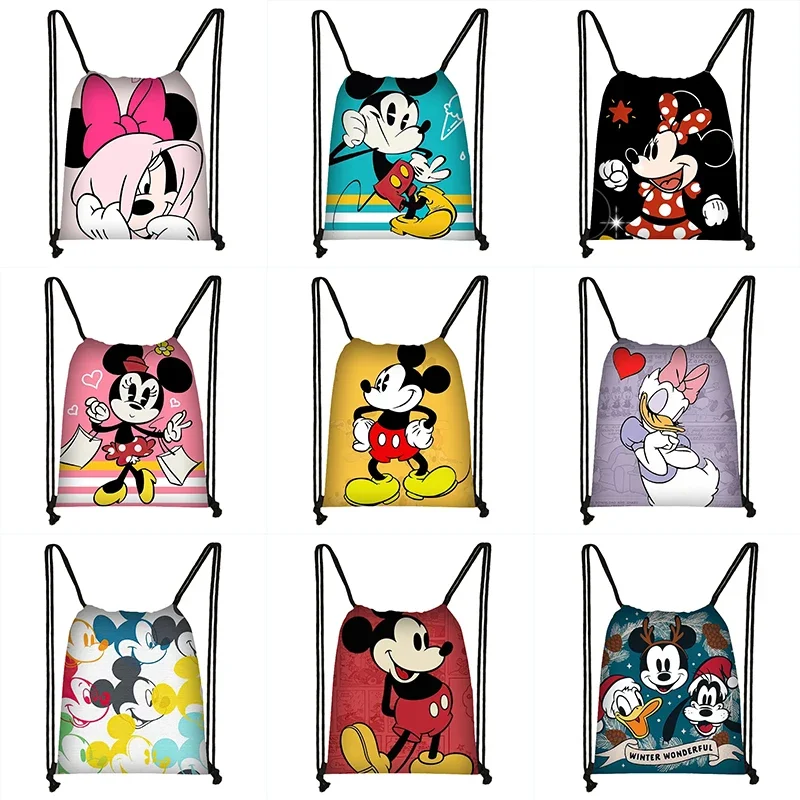 Disney Mickey Mouse Drawstring Backpack Minnie Cartoon Children Portable Grocery Storage Bag Boys Girls Anime Kids Outdoor Bag