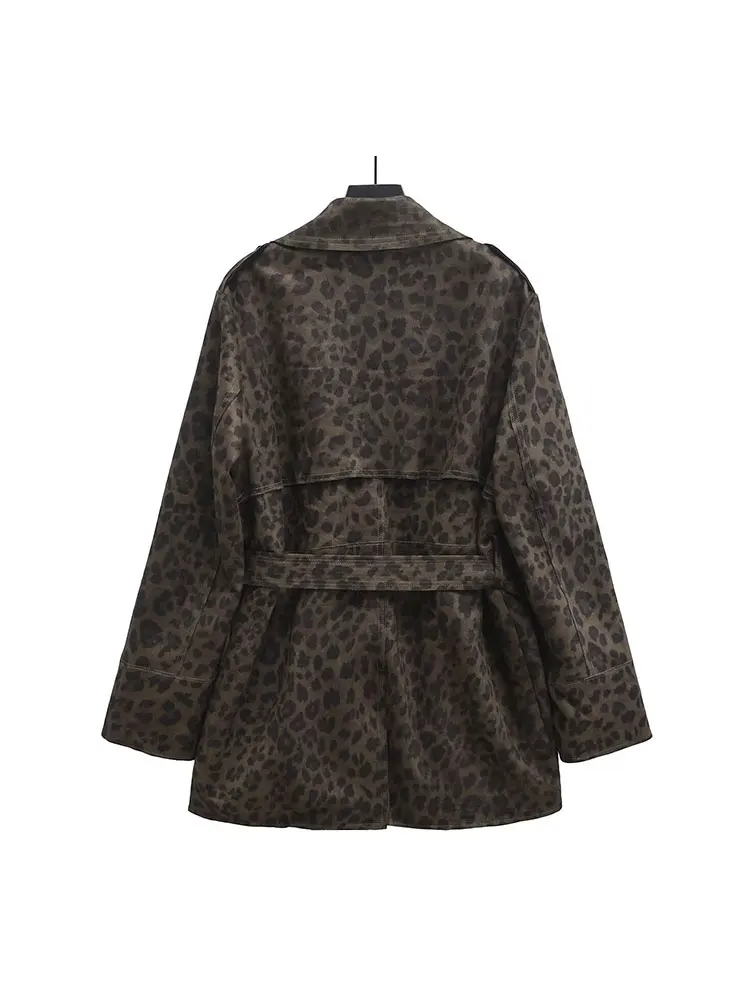 TRAF 2024 Autumn Leopard Print Elegant Fashion Women Trench Outerwear Double Breasted Long Sleeve Lapel Belted Trench Coats