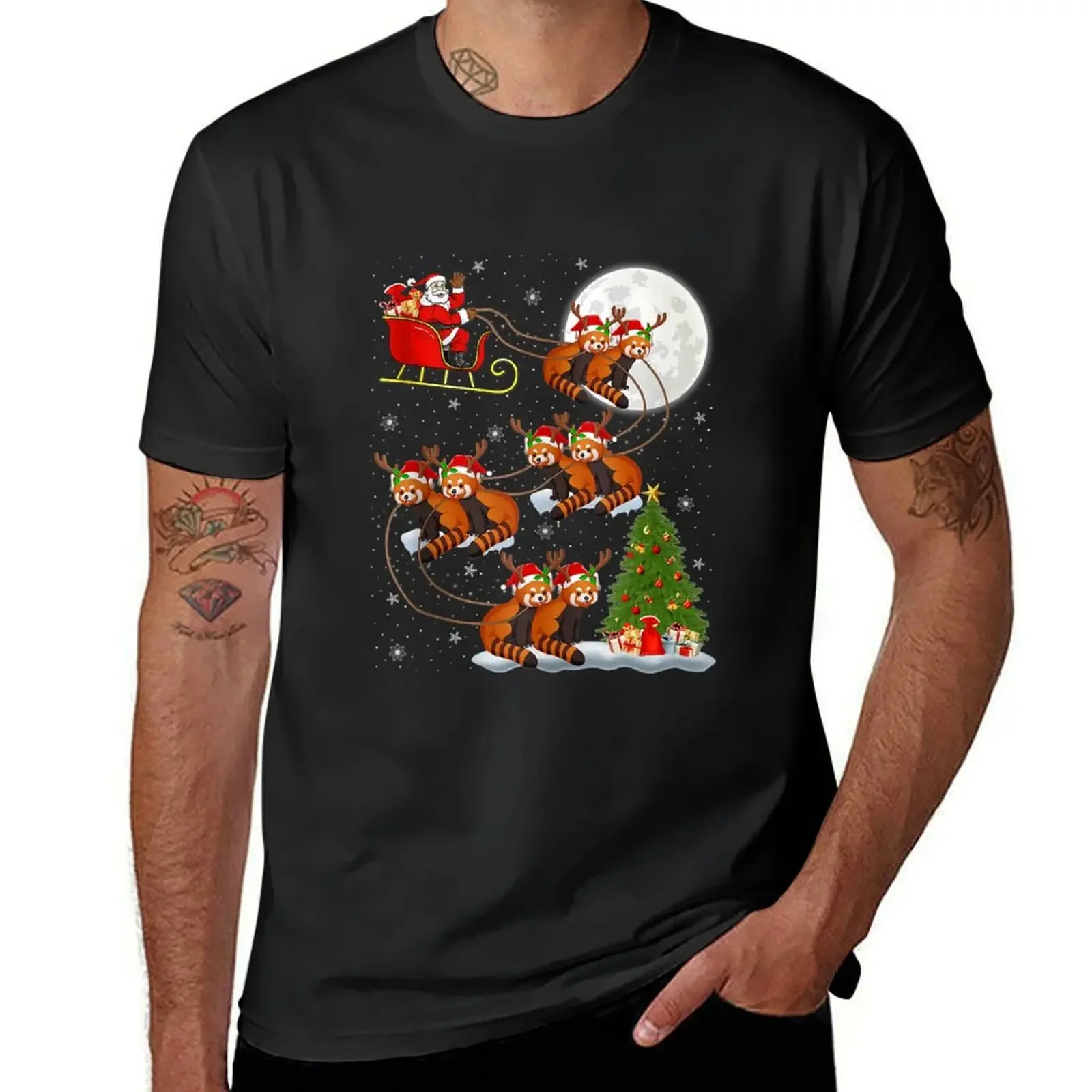 

Funny Xmas Lighting Tree Santa Riding Red Panda Christmas T-Shirt heavyweights mens graphic t-shirts funny