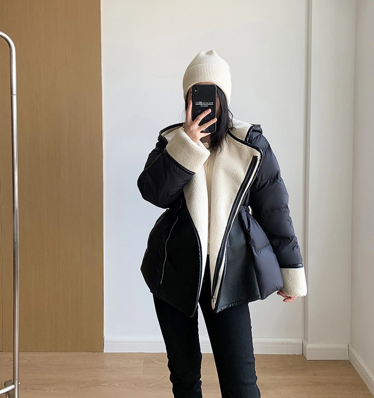 Schinteon Women Lambswool White Duck Down Jacket with Hood Autumn Winter Warm Outwear Casual Patchwork Coat European Style