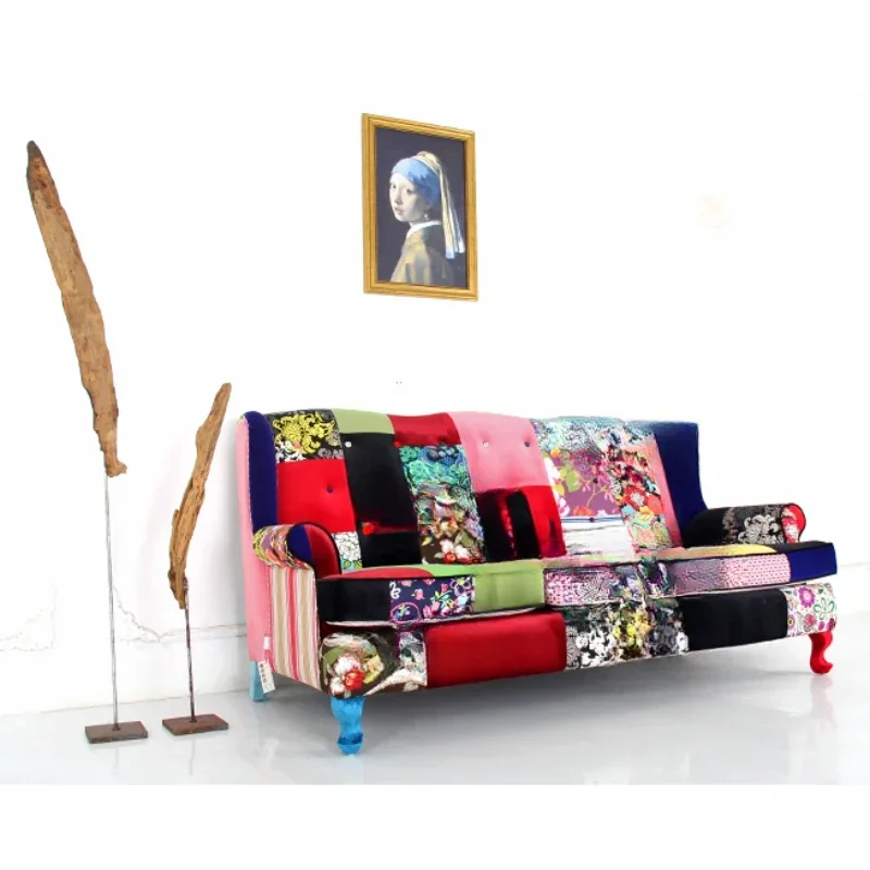 European-style American living room fabric splicing sofa, three-person designer sofa, multi-person