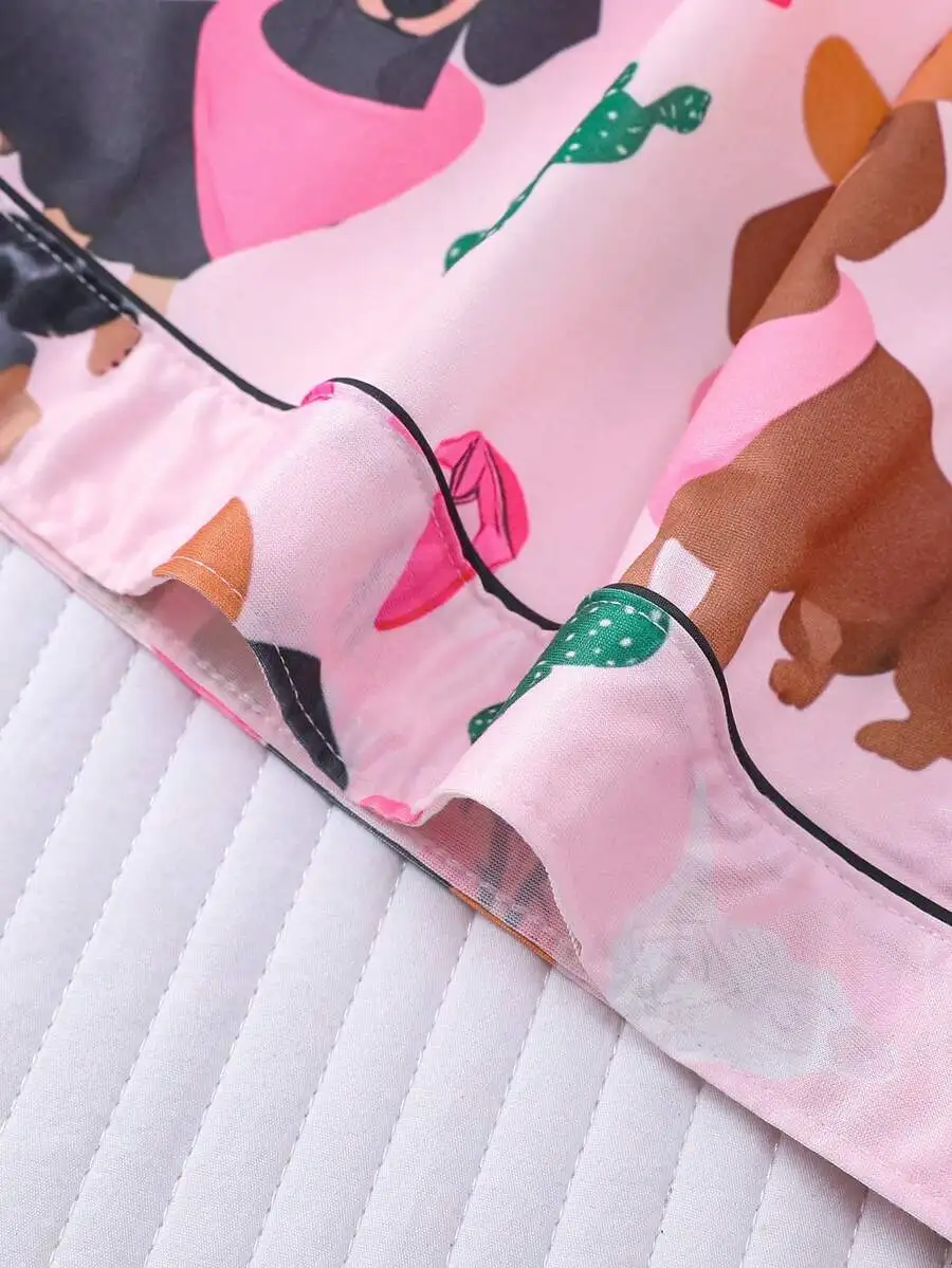 

Womens Dog Print Pajama Set Short Sleeve Shirt With Collar Button Loose Elastic Shorts