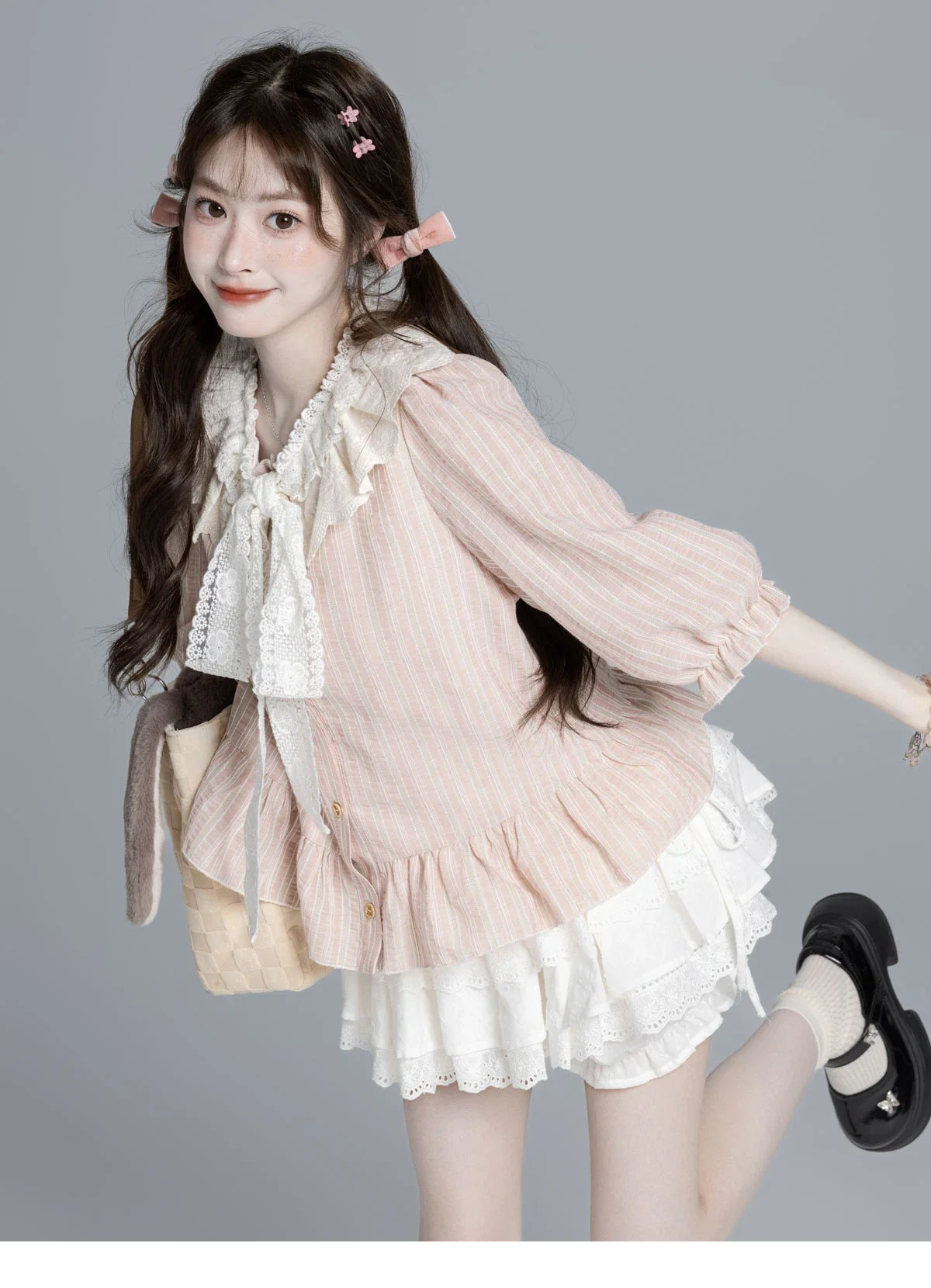Japanese Sweet Preppy Style Lace-up Bow Doll Collar Flare Sleeve Blouse Loose Casual Ruffles Striped Shirt Top For Women Autumn