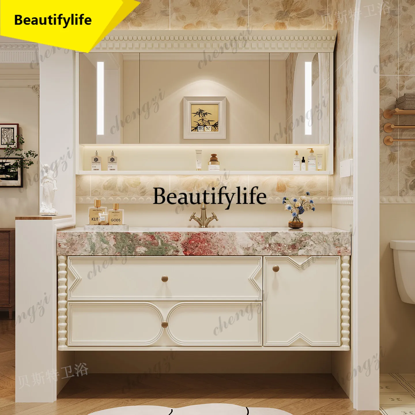 French Oak Bathroom Cabinet Combination Bathroom Slate Seamless Ceramic Basin Bathroom Cabinet