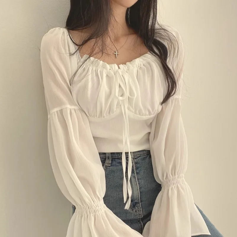 French Style Blouses for Women Prevalent Solid Flare Sleeve Thin V-neck Lace-up Design Slim Sexy Girls Spring Autumn New Simple