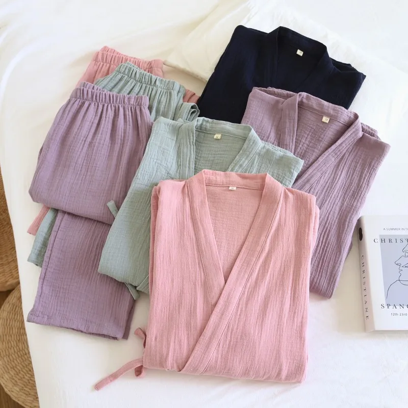 Japanese Kimono Suit Women 100% Cotton Crepe Pajamas Half Sleeved Trousers Two-piece Kimono Suit for Female Sleepwear Two-Piece
