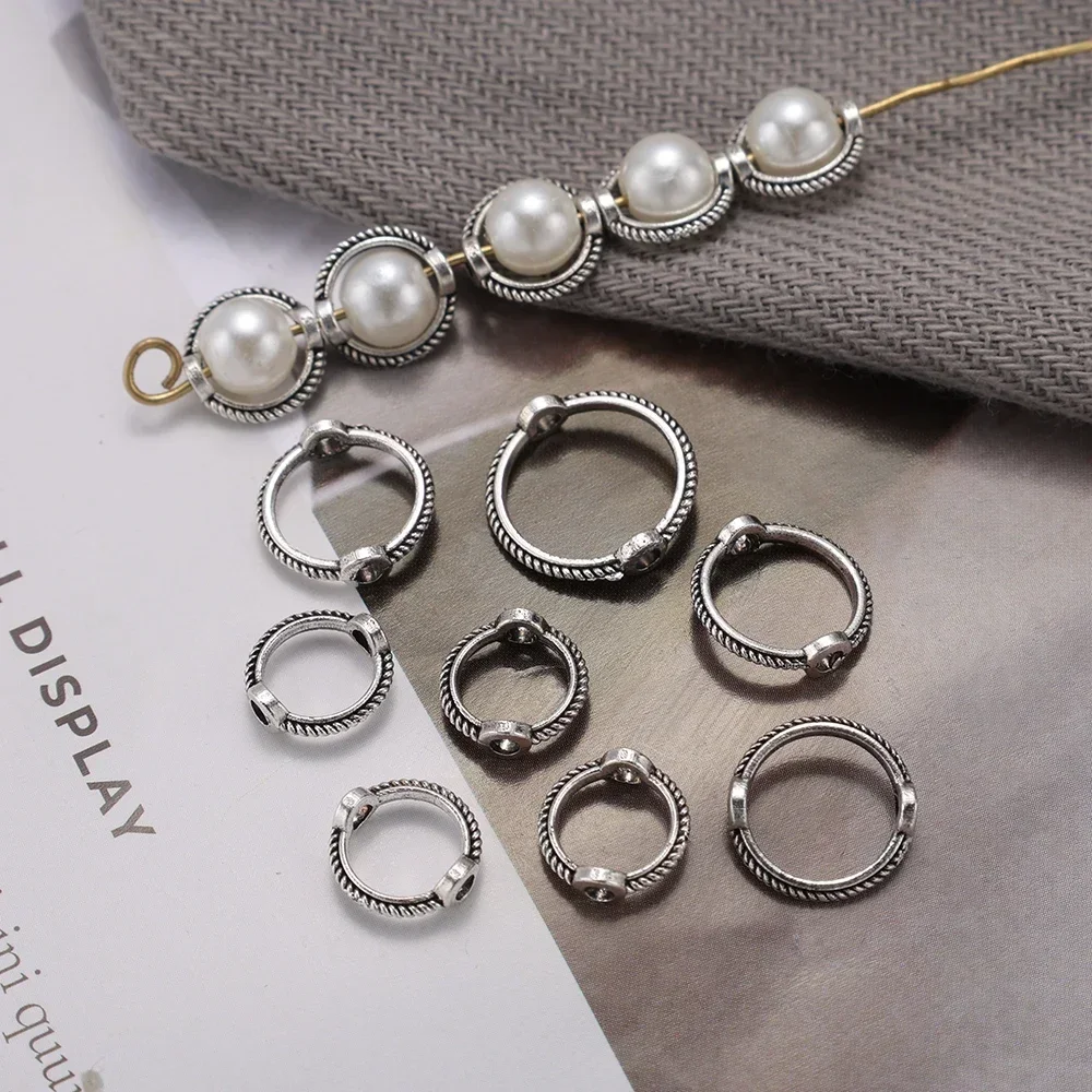 10/100pcs Antique Round Frame Wrapped Bead Connect Rings Spacers Sliver Through Hole Beading Cap DIY Bracelet for Jewelry Making