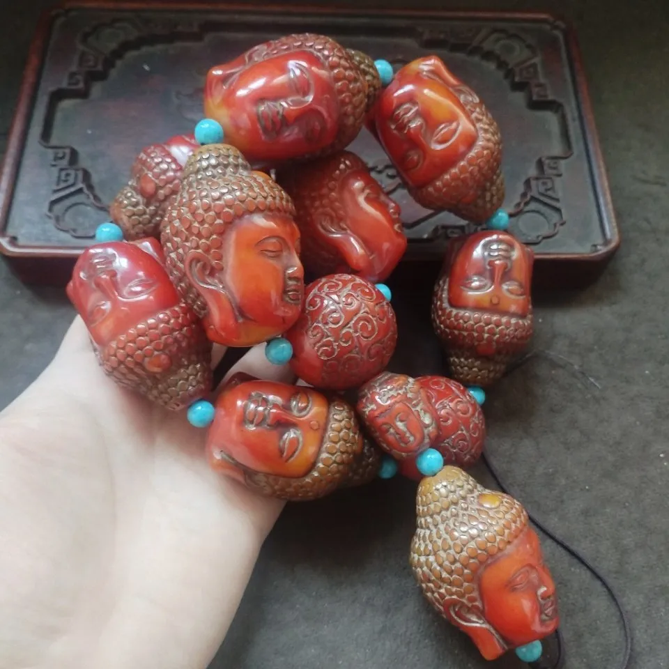 

Vintage Carved Buddha Head Bead Mala Necklace Red Textured Statue Beads Blue Round Spacers Oriental Retro Ethnic Prayer Jewelry