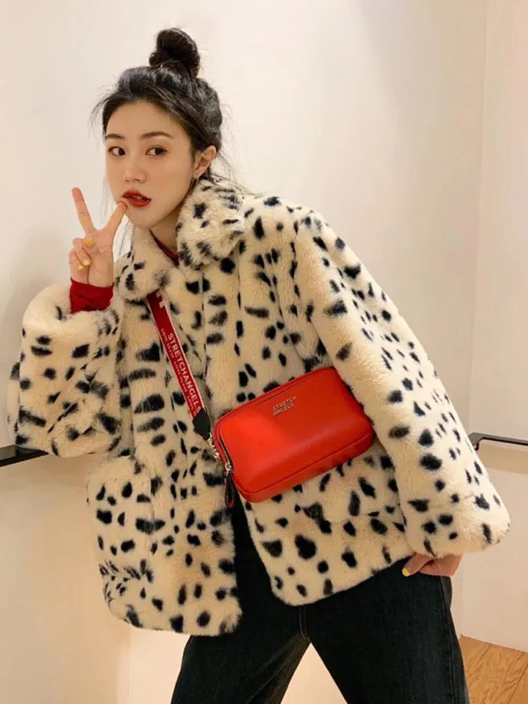 JMPRS Winter Leopard Furry Coats Women Loose Warm Faux Fur Ladies Short Jacket Turn Down Collar Plush Korean Fashion Clothes New