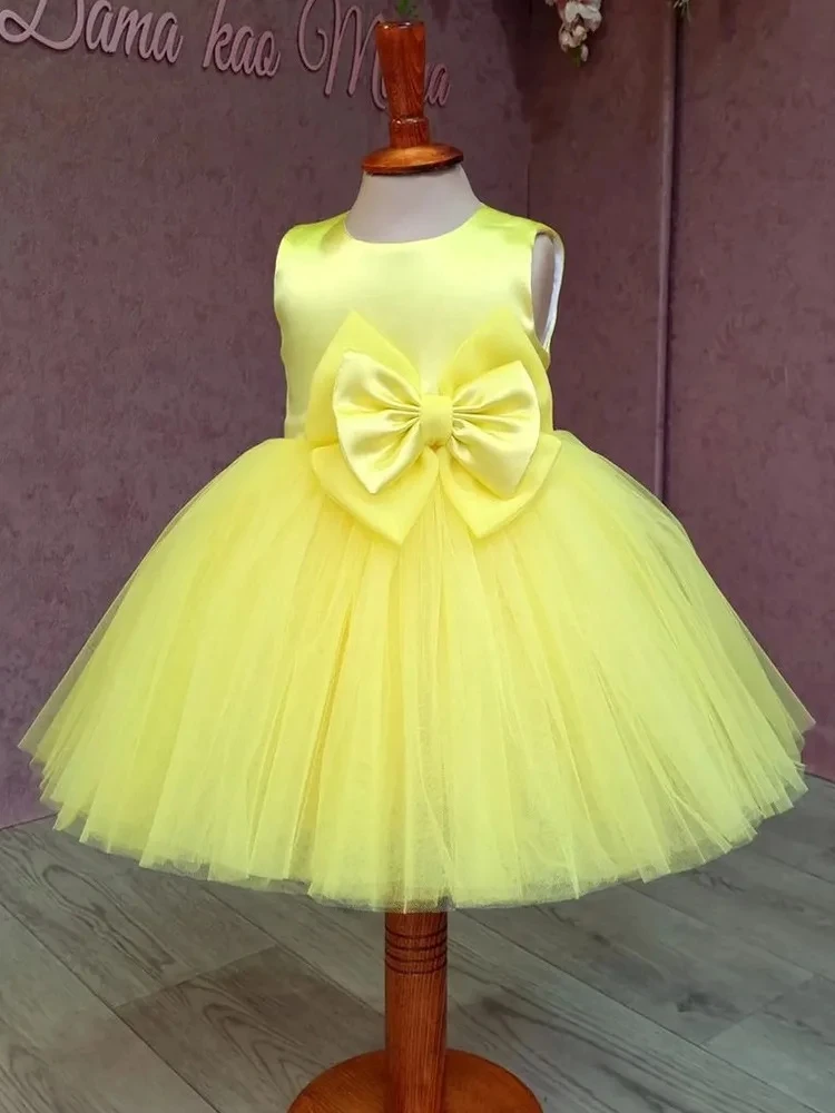 Baby Bow Tulle Baptism Dress for Girls Gown Toddler Kids Wedding Elegant 1st Birthday Party Princess Dress Tutu Evening Dresses