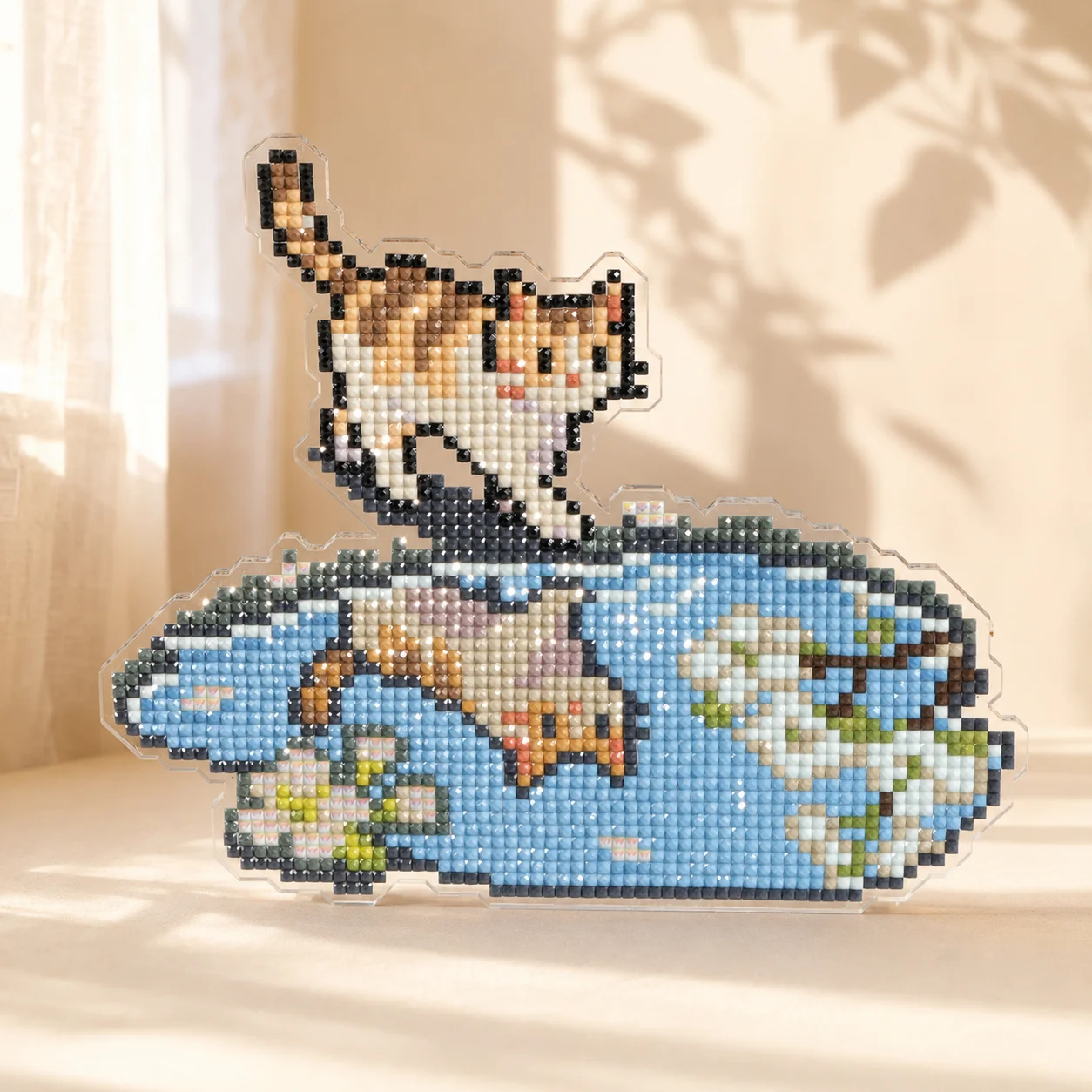 FOREVERYOUNG 5D Diamond Painting Acrylic Ornament, Cute Calico Cat On Cloud DIY Diamond Mosaic Desktop Decor Handmade Craft.
