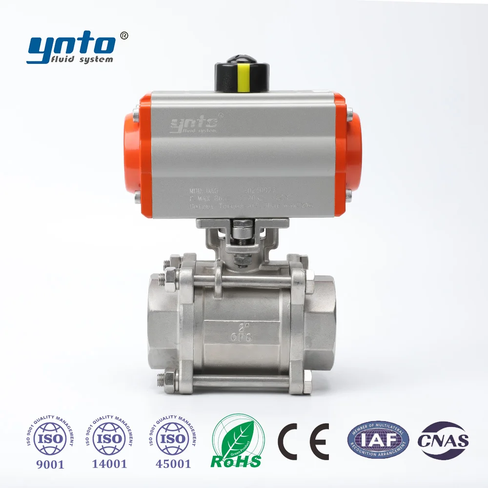 Industrial Single Acting Pneumatic 3-Piece Threaded Ball Valve with Spring Return Fail-Safe Function CE RoHS Certified