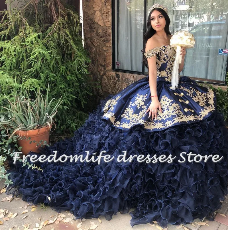 Charro Navy Blue Quinceanera Dresses 2024 Sweetheart Applique Beaded Sweet 16 Princess vestidos de XV años Ruffles Pageant Dress