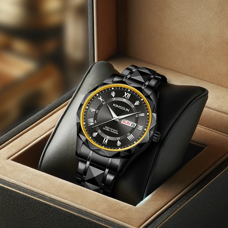 

A men's elegant minimalist style calendar quartz watch with black case, black dial, black steel band, and rhinestones