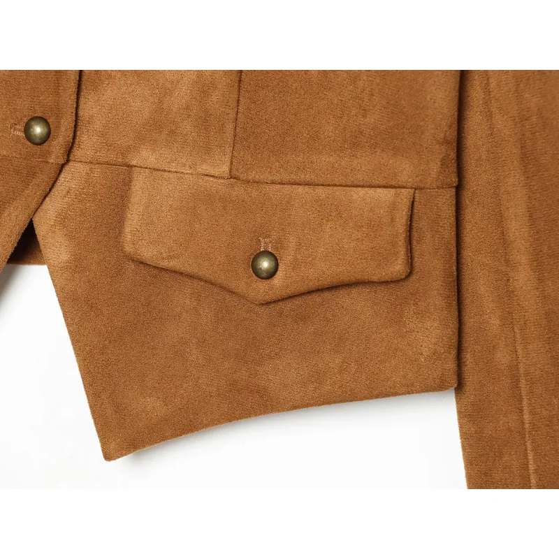 2026 Neue Damen Kunstwildleder Kurze Jacke Einreihig Langarm Epauletten Tasche Schmal Geschnitten Unregelmäßiger Saum Vintage Militärstil – Detail 10