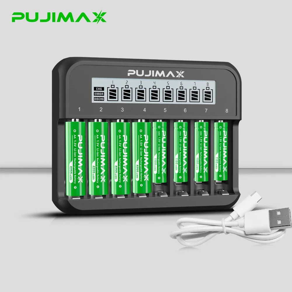  Zestaw baterii litowych PUJIMAX 1.5V 4255mWh 1100mWh o wysokiej pojemności z ładowarką, ładowarka LED inteligentna z 8 gniazdami i regulacją jasności.