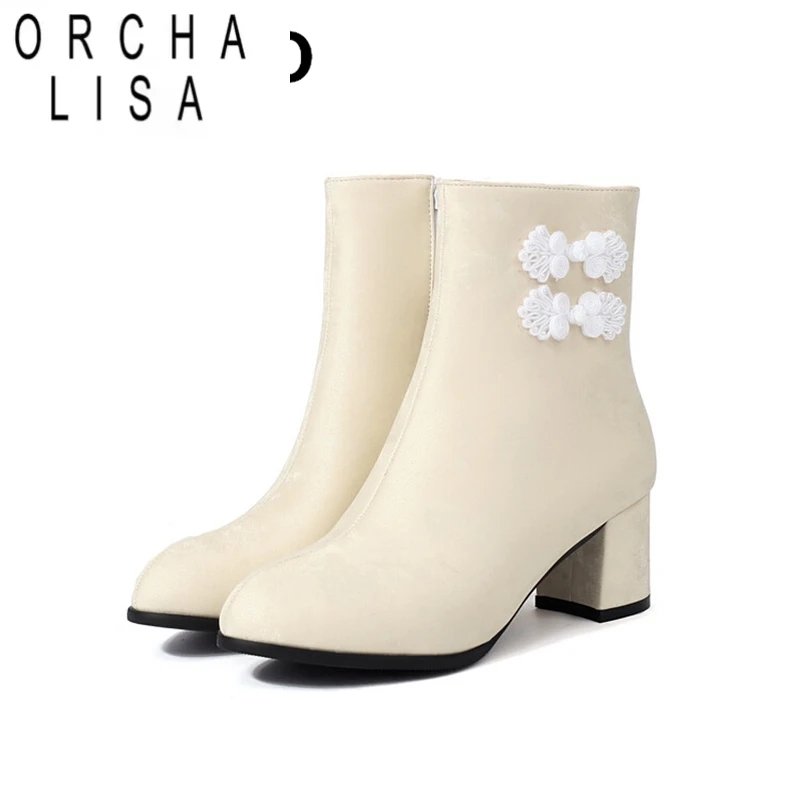 

ORCHA LISA Новые классические китайские стильные черные, белые горячие блочные каблуки с пряжками на молнии из искусственной кожи, модные ботильоны больших размеров с круглым носком 5,5 см