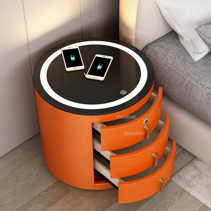 Home Nightstands Bedroom Furniture Smart Wireless Charging Bedside Tables Modern Leather Luxury nightstand with Fingerprint Lock