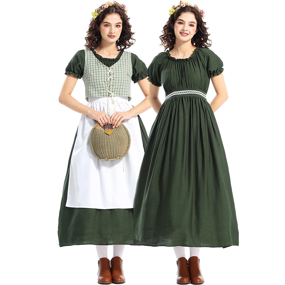 Umorden Historical Colonial Prairie Pioneer Girl Costume Women Medieval Victorian Dress Dark Green Plaid Vest Short Sleeve