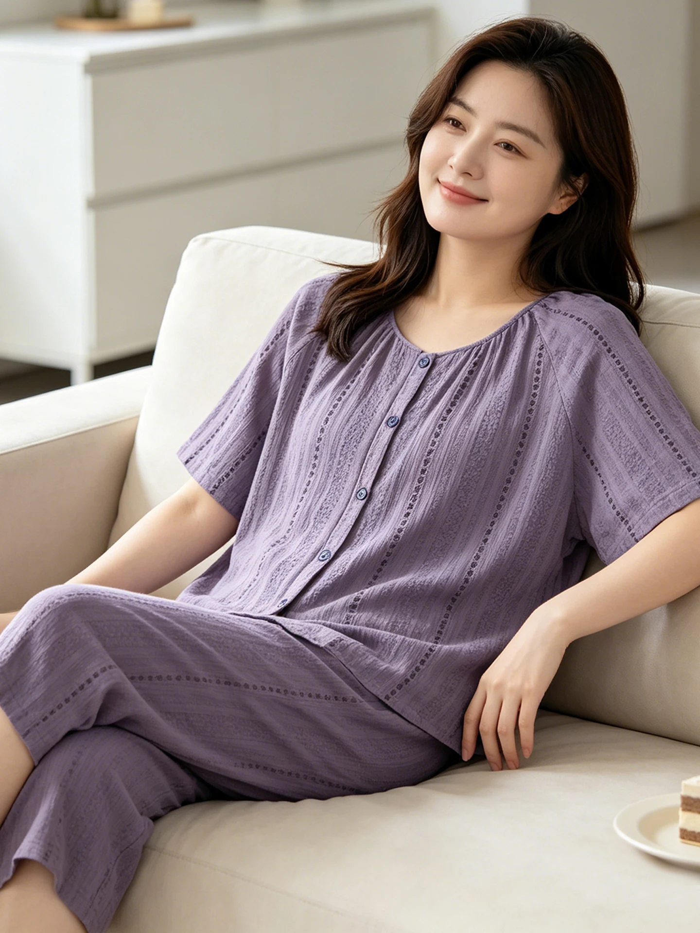 plus-size-women's-sleepwear-summer-thin-double-layer-cotton-yarn-home-clothes-outwear-suitable-for-plus-size-up-to-200-pounds