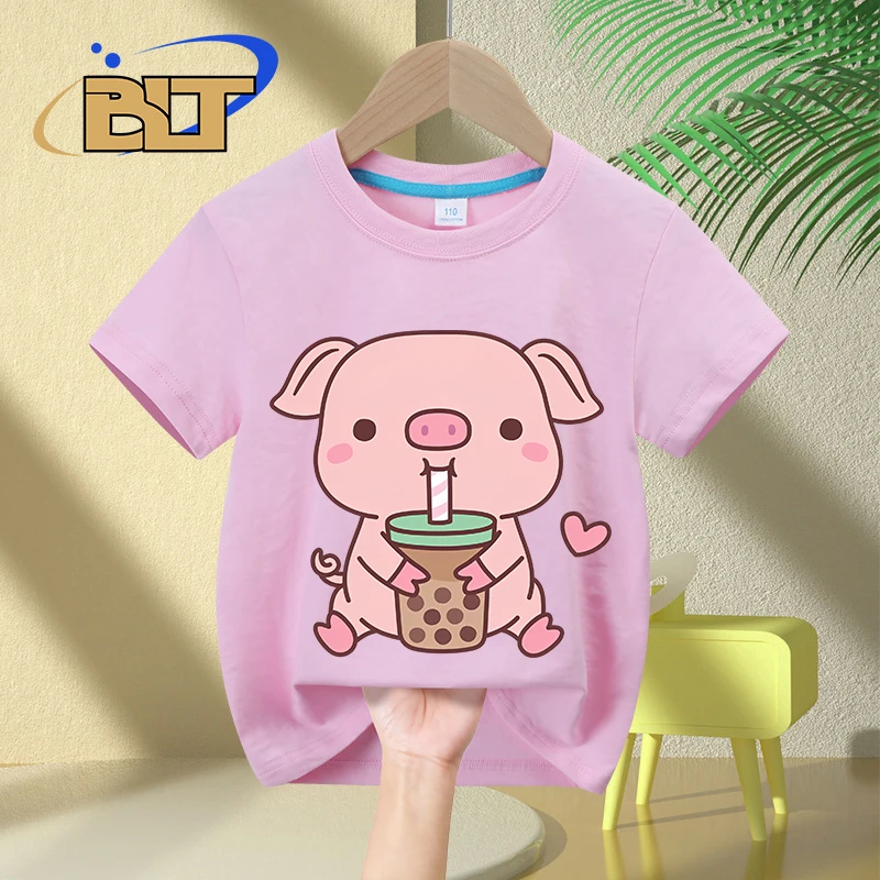 Camiseta con estampado de té de leche de burbujas para niños, tops informales de manga corta de algodón puro para niños y niñas, Verano