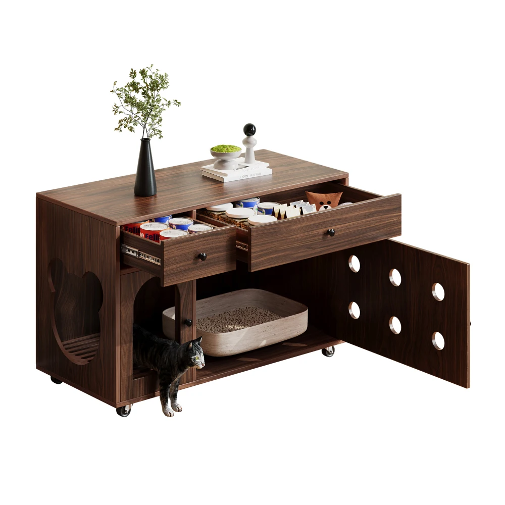 Mobiele kattenbak meubel, verborgen kattenhuis kast met verwijderbare zeefbak, walnootkleur, 100x45x66cm, geen kattenbak - afbeelding 2