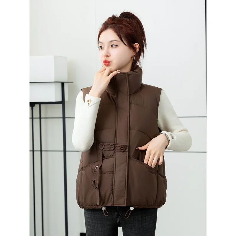 

Autumn Winter Wome Clothing Vest Warm Sleeveless Cardigan Buttons Pockets Design Waistcoat Thick Coats Stand Collar Short Tops