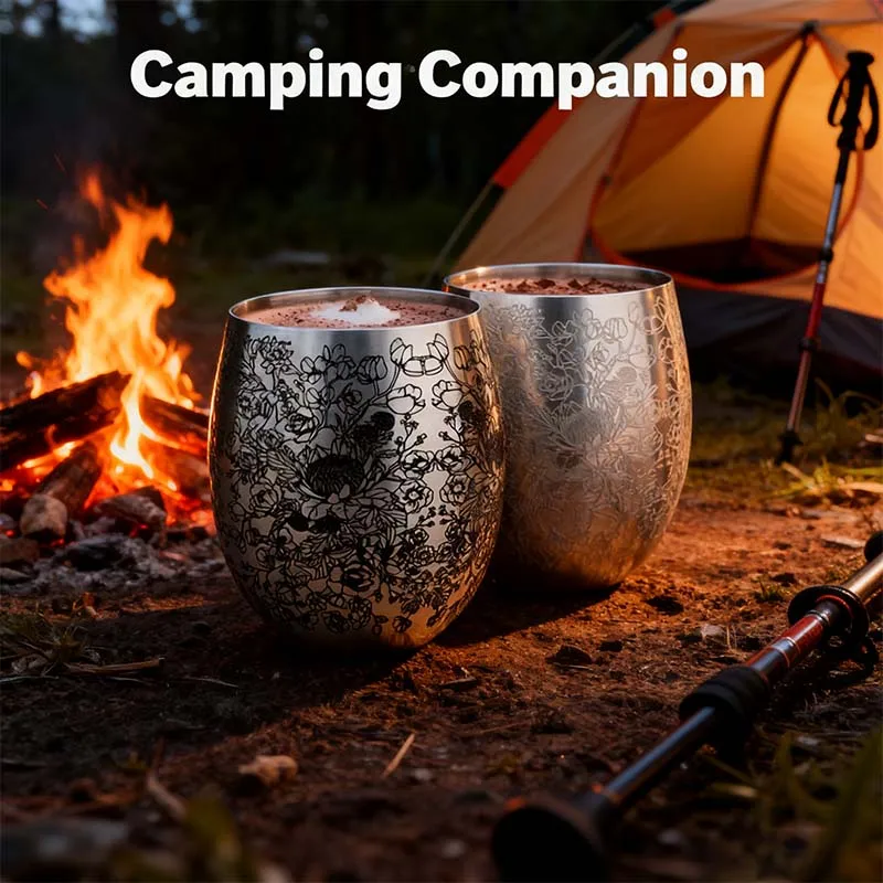 350 مللي الفولاذ المقاوم للصدأ Stemless كأس للنبيذ محفور نمط بهلوان معدني دون مقبض Stemless كوب مارتيني لشريط المنزل الطرف