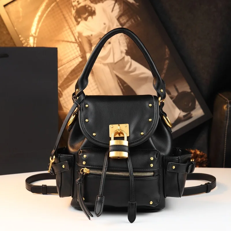 Unique design retro versatile lock bag studded backpack 2026 new model high-end handbag backpack