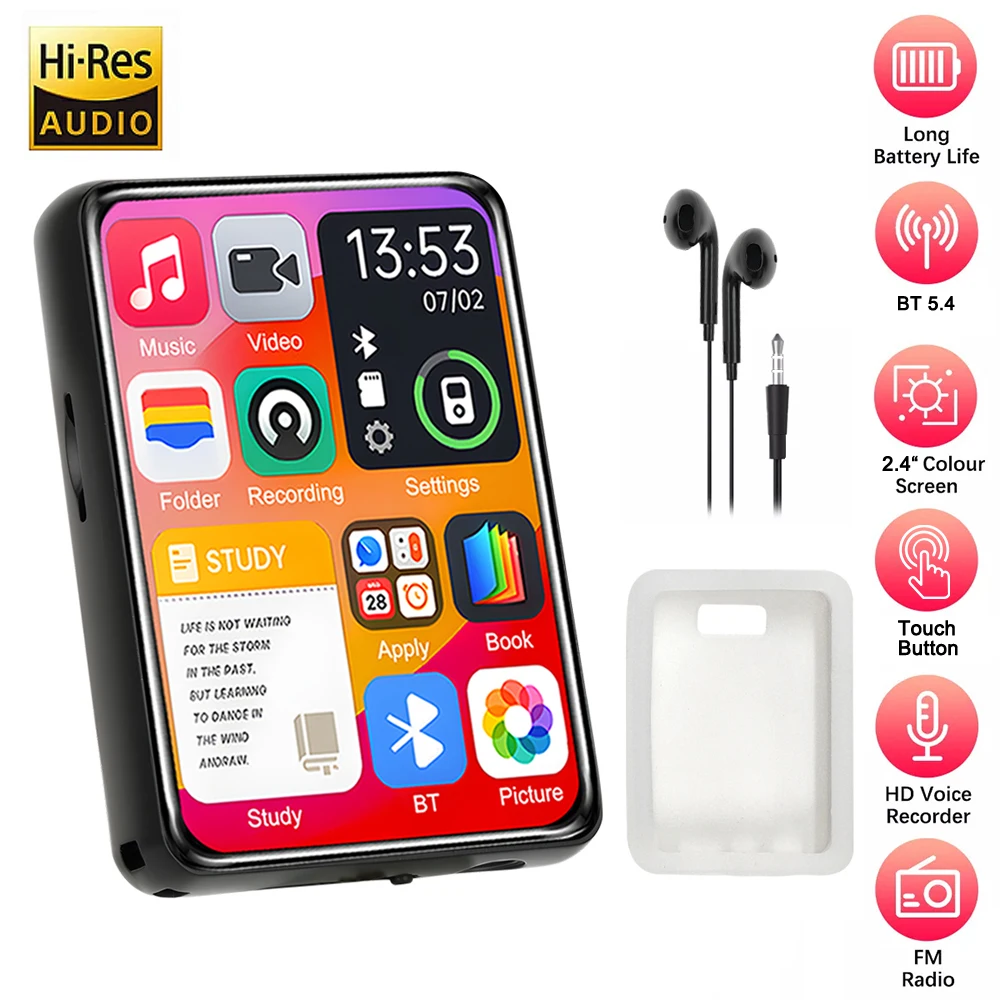 LEDスクリーン付きポータブルmp3プレーヤー,Bluetooth 5.4,ステレオミュージックスピーカー,ミニレコーディング,mp4,ビデオ再生,FMラジオ