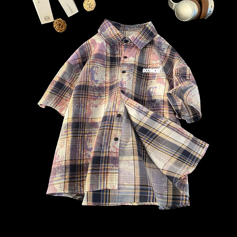 

Men's Trendy Lazy Plaid Printed Shirt Japanese Vintage Youthful Check Shirt Button Down Half Sleeved Shirts Letter Printed Tops