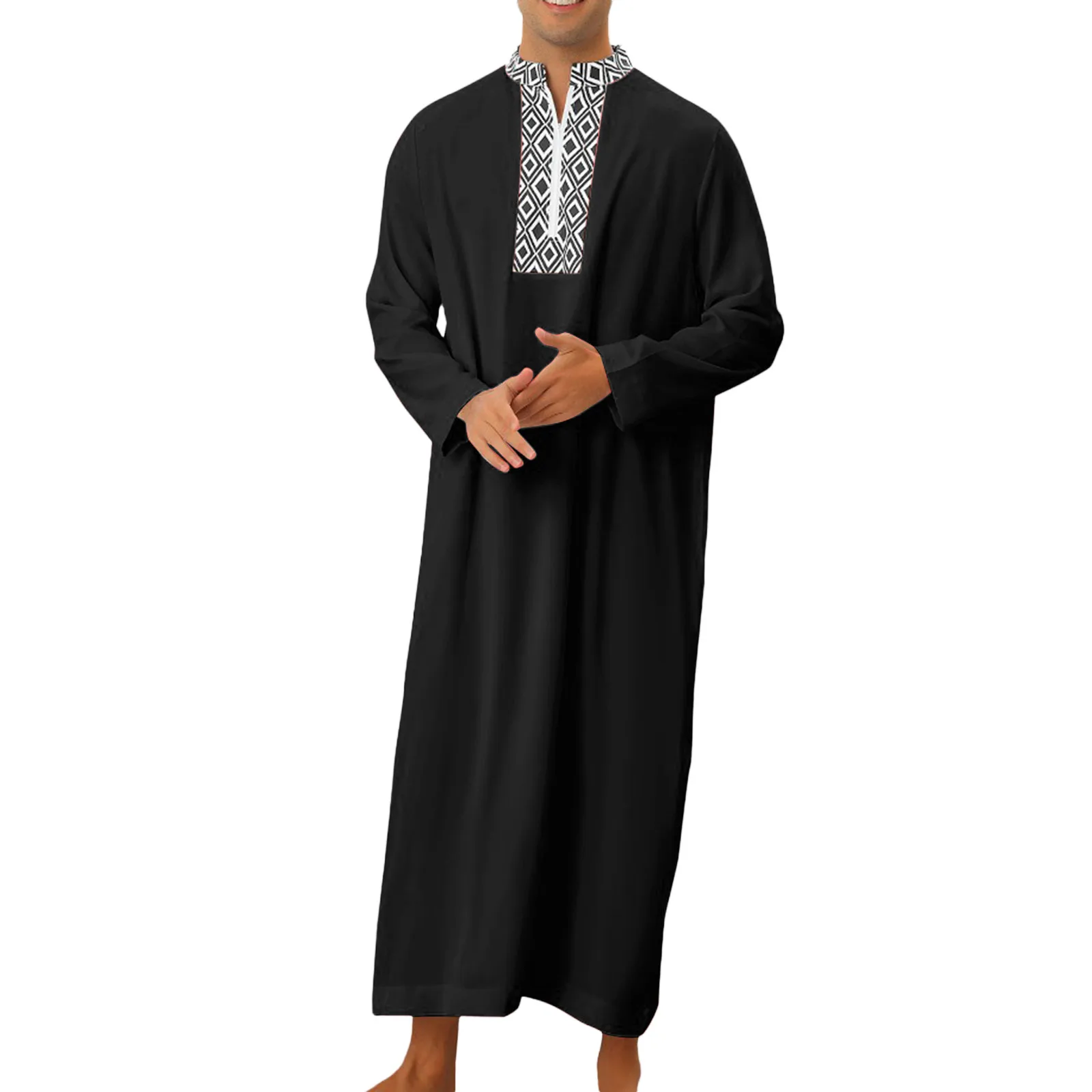 Muslim Fashion 2024 Men's Long Sleeve V-neck Moroccan Kaftan Half Zipper Casual Djellaba Abaya Jubba Thobe Muslim Men Clothing