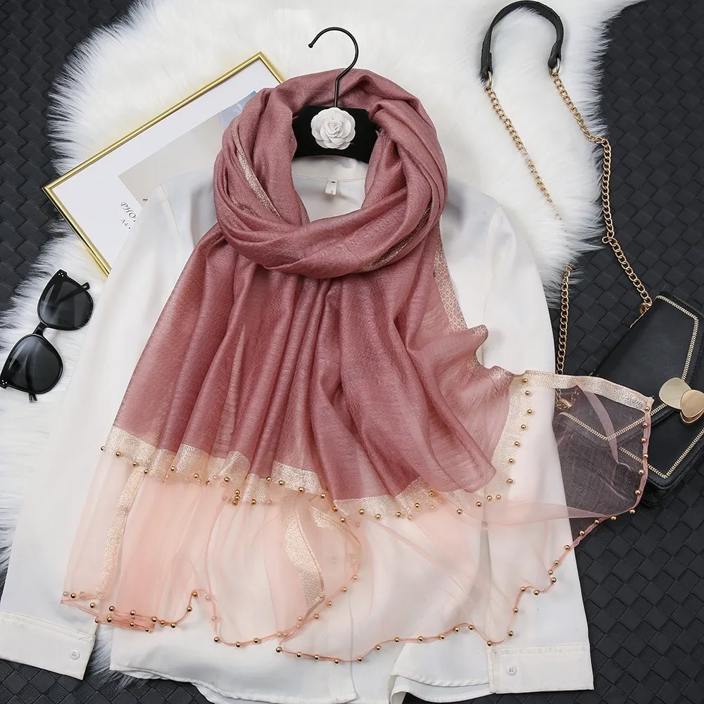 

Elegant Bead Luxury Silk Scarf Long Large Women Hijab Shawls Thin Wraps Organza Scarf Beach
