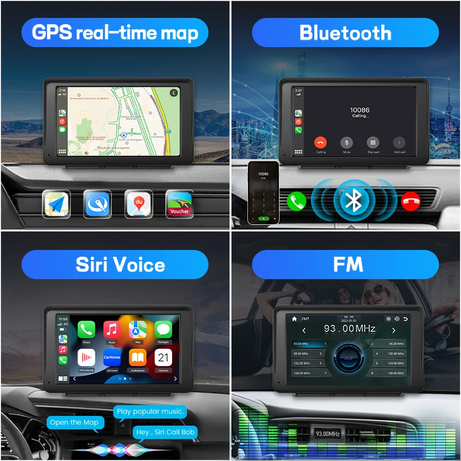 Junsun 7 Inch Portable Car Stereo Wireless Apple CarPlay Android Auto Magnetic Mount Touch Screen GPS Navigation Bluetooth FM Transmitter Mirror Link USB Type-C Voice Control Horizontal Vertical Display Universal Auto Multimedia Player - view 3
