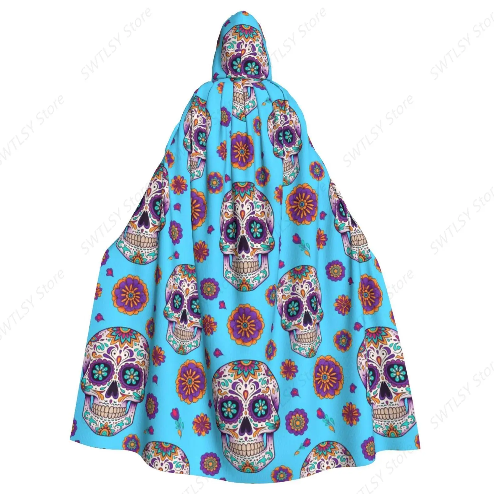 Halloween Christmas Costumes Mexican Sugar Skulls Day Of The Dead Cross Flowers Green Hooded Cape Cosplay Party Cloak