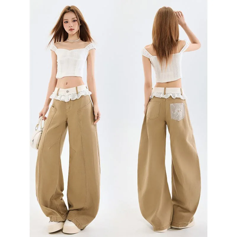 Khaki Lace Trim Straight Jeans For Women 2026 Spring And Autumn New High Waist Loose Design Wide Leg Pants