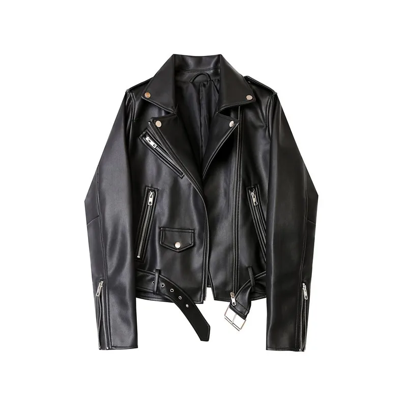 ZVRI classic black Spring and Autumn 2023 The new belt detachable epaulet motorcycle jacket leather jacket