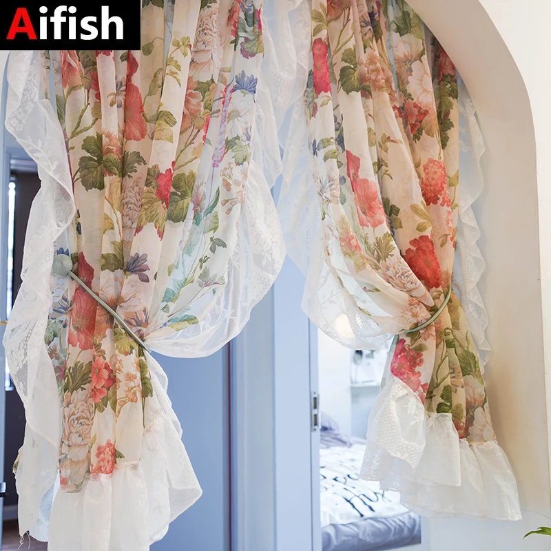 2 Pieces Flower Sheer Ruffled Short Curtain for Kitchen Sink Small Window Half Curtain Romantic French Tulle Door Drapes