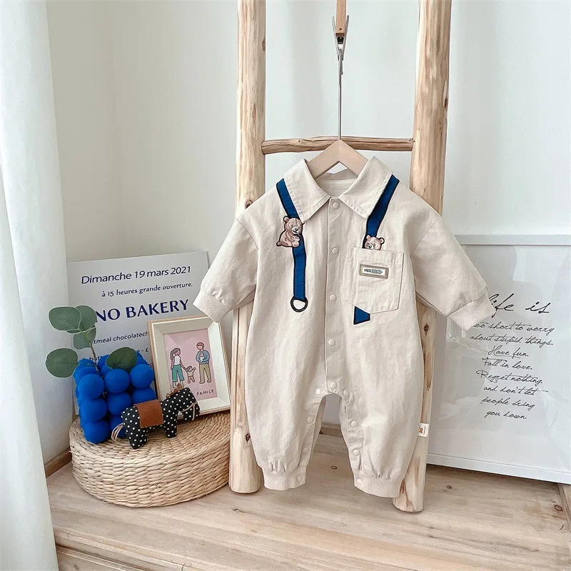 2023 Autumn New In Newborn Baby Boys Full Sleeve Polo-collar Single-breasted Bear One-piece Infant Kids Overalls Toddler Romper