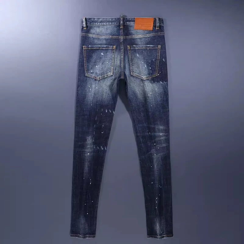 y2k new denim jeans with pleats, painted holes, nostalgic stretch, slim fit, retro washed, blue jeans, high street desig