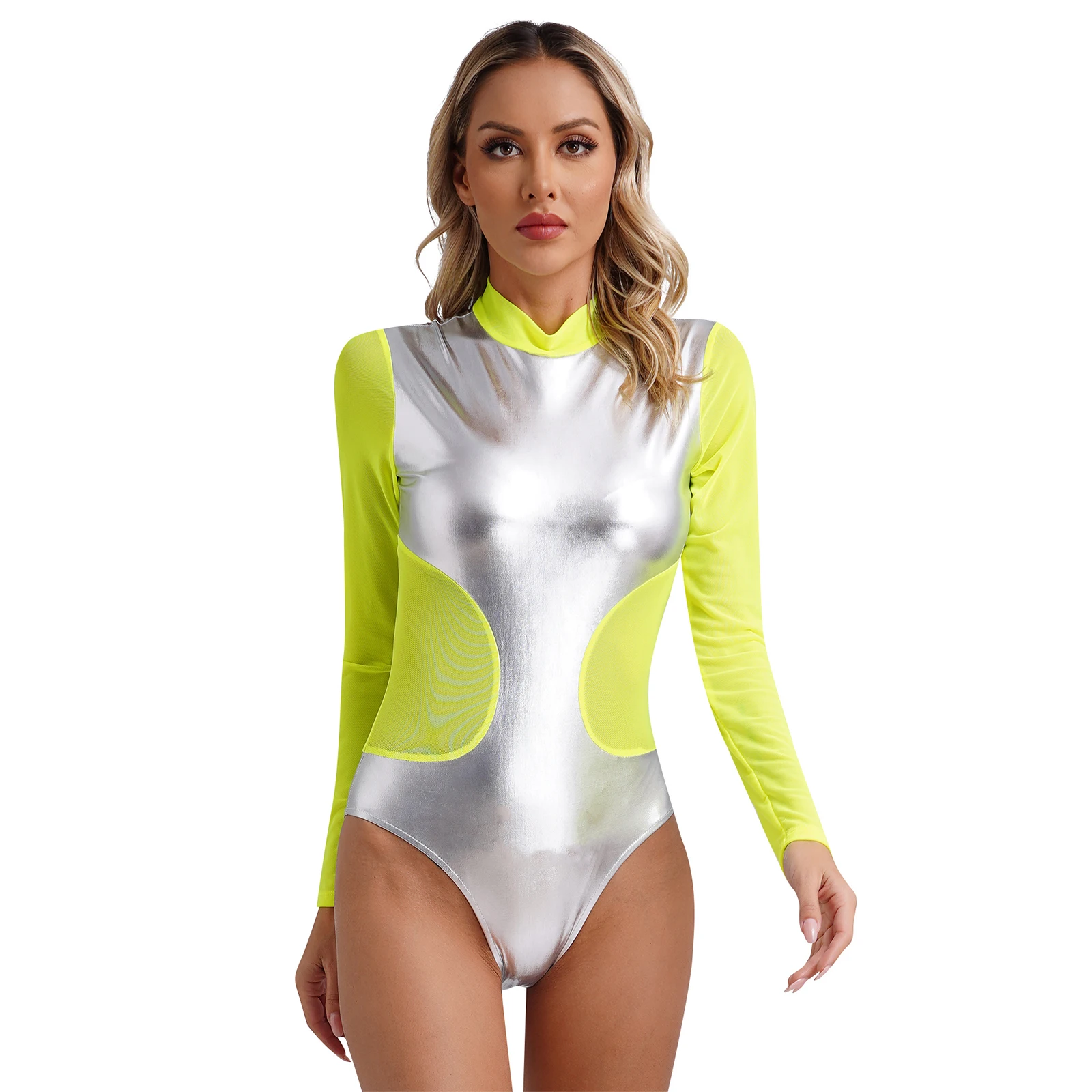 

Womens Space Astronaut Bodysuit Metallic Shiny One Piece Jumpsuit Long Sleeve Bodycon Leotard Catsuit Halloween Cosplay Costumes