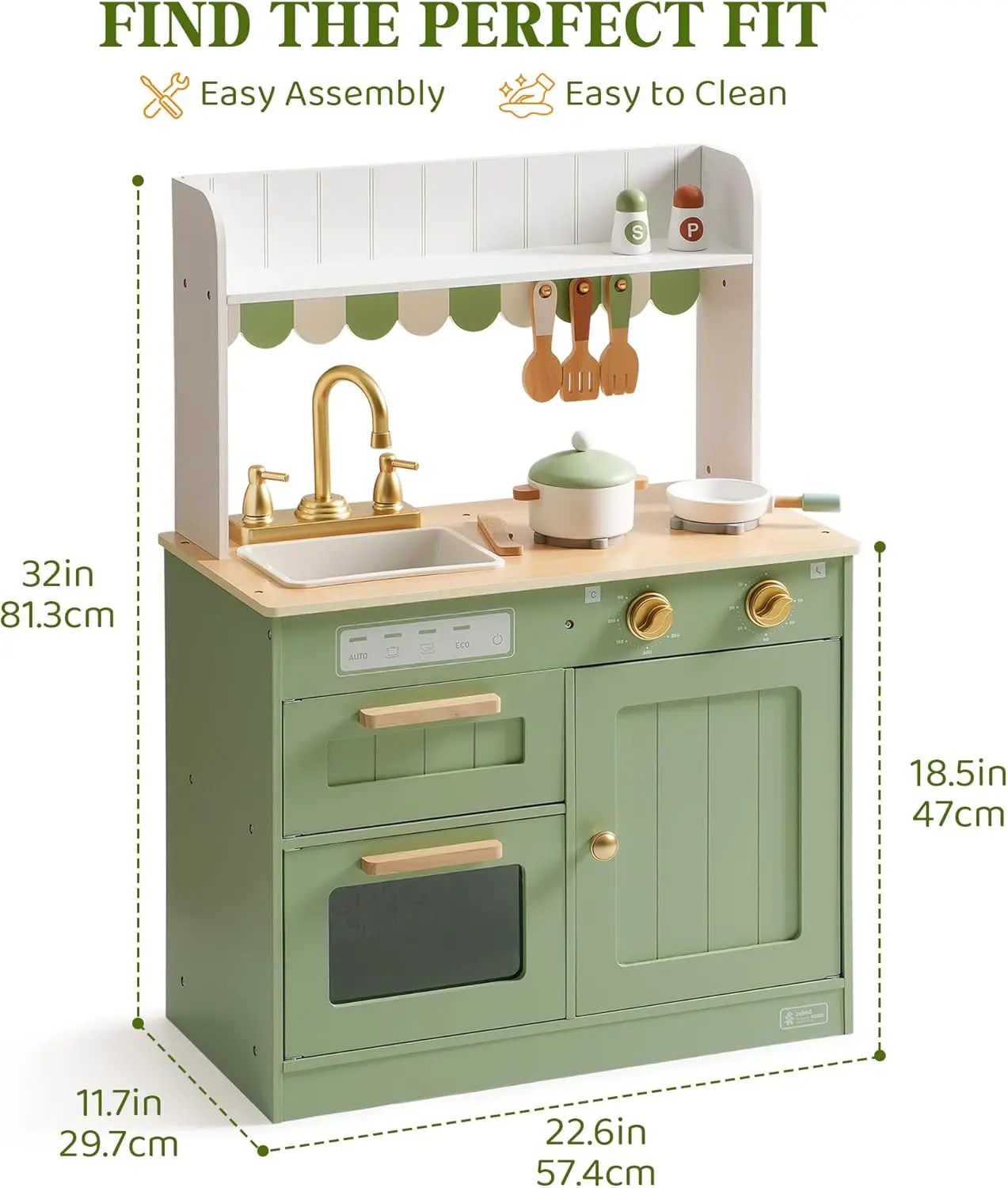 Set da cucina in legno per bambini, Set di giocattoli da cucina finta con rubinetto dorato, lavello, forno, fornello, armadio, stile Vintage, Gi