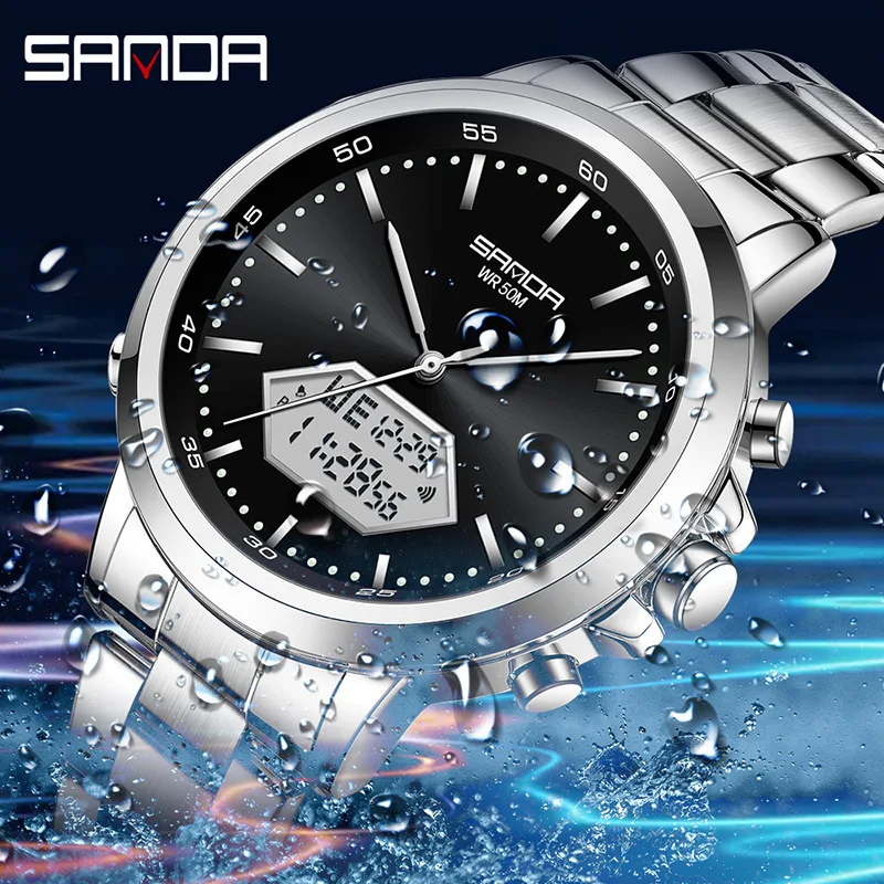 Sanda 3301 Trendy Hot Sale New Model LED Digital Analog Display 50M Waterproof Shockproof  Fashion Business Men Wrist Watch