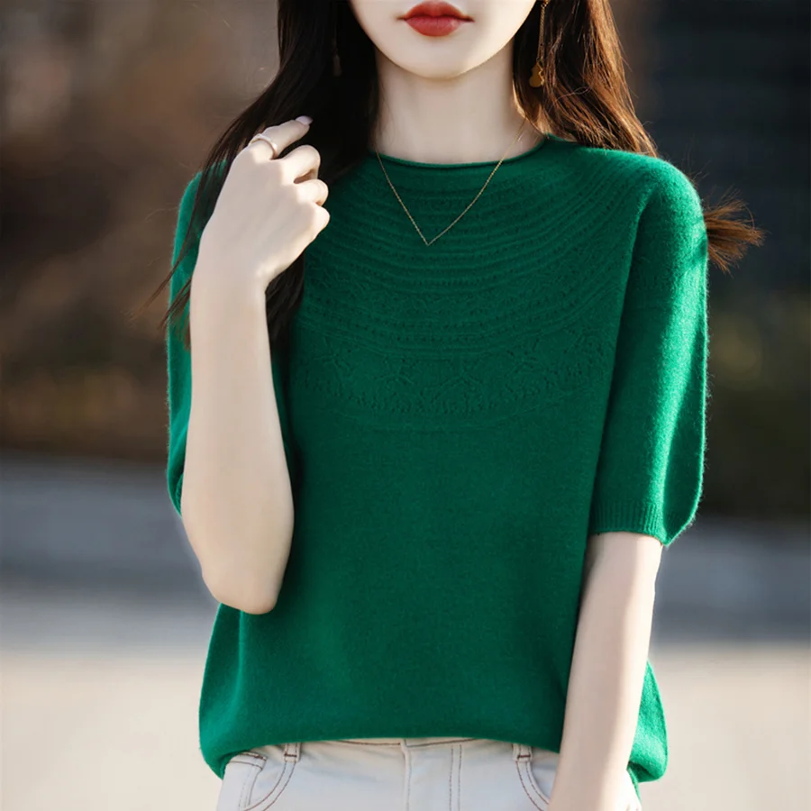 Knitted Short Sleeve Shirt for Women Summer Thin Solid Color Korea Fashion O-Neck Pullover Elastic Casual Tee Crop Tops Girl