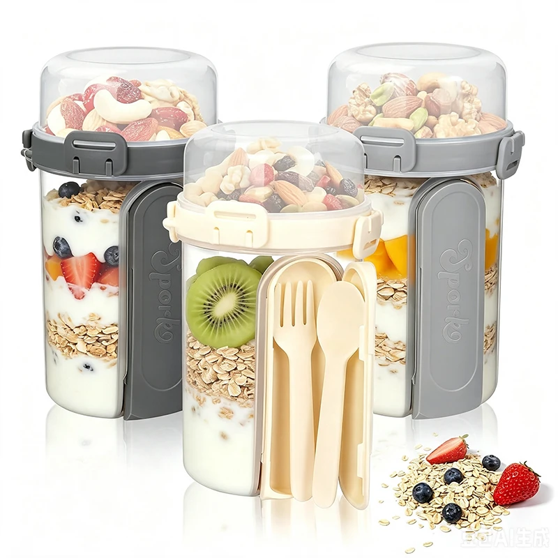Double Layer Yogurt Salad Cup with Spoon and Fork Portable Leakproof Overnight Oats Container for Fruit Vegetable Breakfast