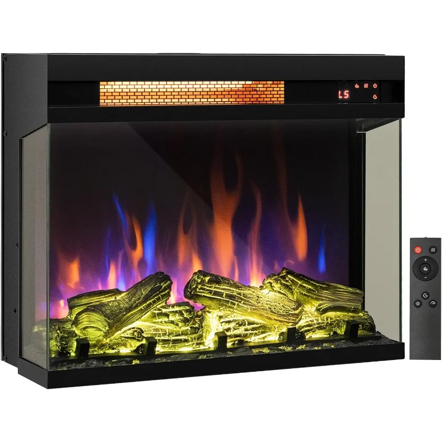 

23 Inches 3Sided Glass Electric Fireplace with Remote 1500W Fireplace Heater with Thermostat 9H Timer 7Color Flames Adjustable