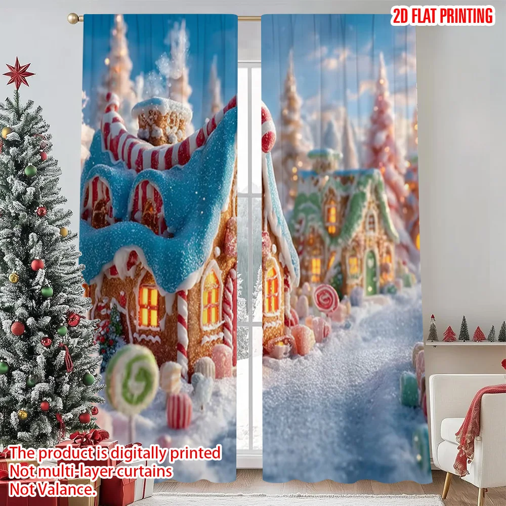 

2pcs 2D flat printing Merry Christmas Popular Drapes Red Candy Village Durable Polyester Without Electricity Festive Wall Decor