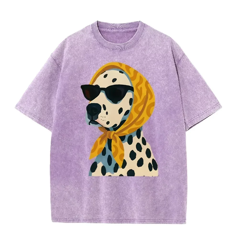 Distressed Vintage Washed T-Shirt Stylisches Cooles Dalmatiner-Cartoon-Tiermotiv Locker Sitzendes Kurzarm-T-Shirt Asiatische Größe