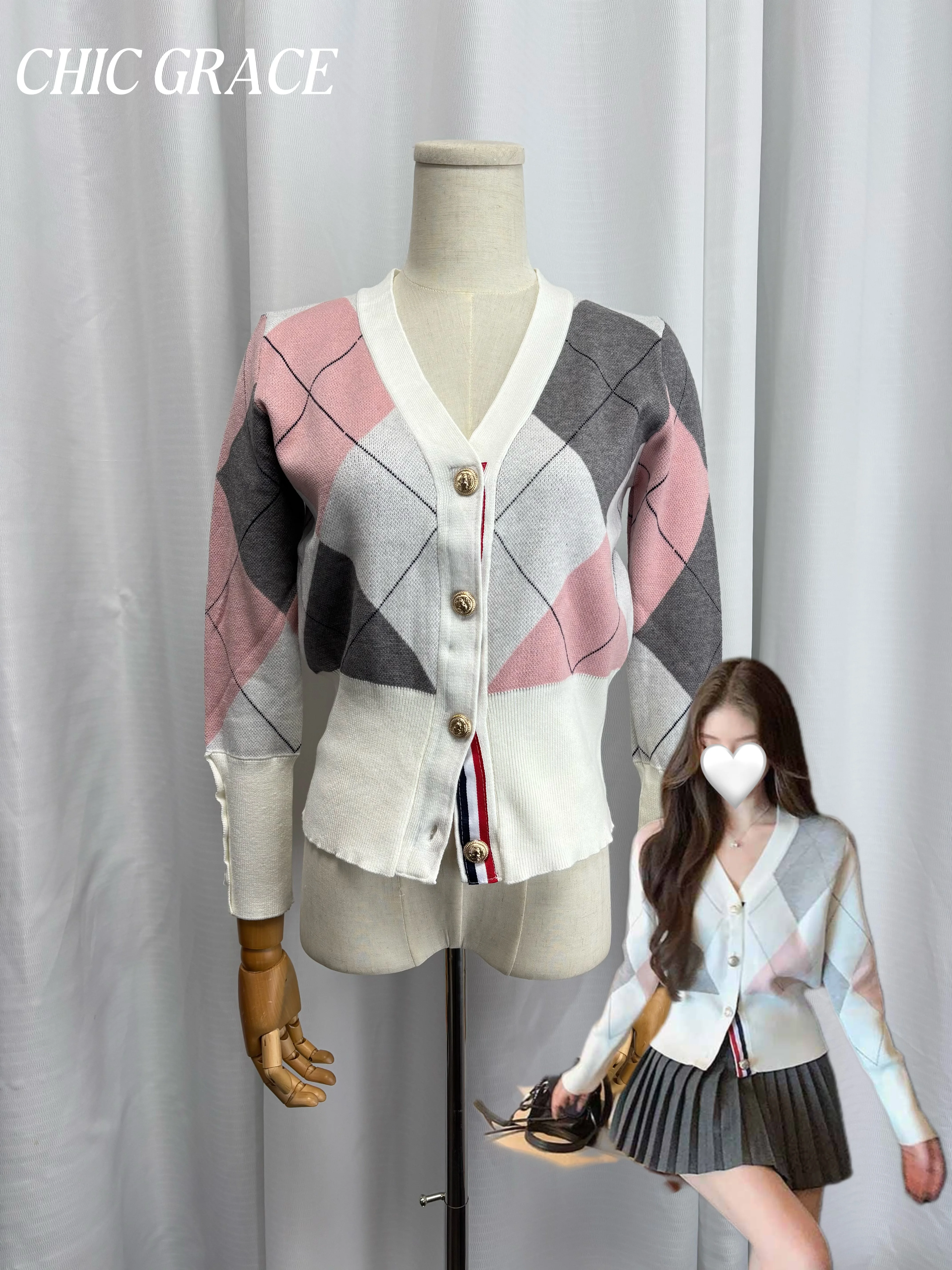 

Real shot Women's Preppy Style Argyle Knit Cardigan Autumn Winter Color Block Loose Fit Long Sleeve Versatile Unique New Arrival