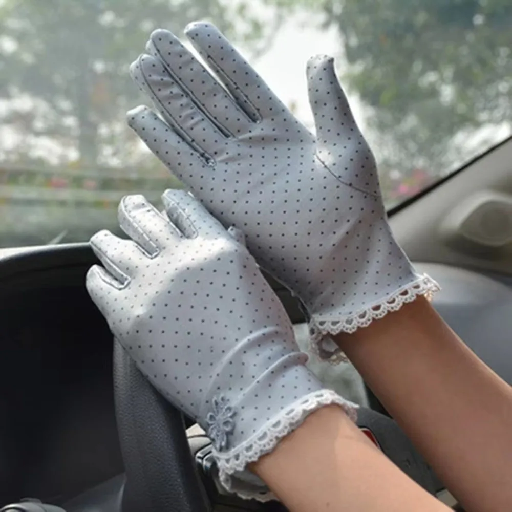 Fashion Polka dot Driving Gloves Breathable Elastic Sun Gloves Anti-Slip UV Protection Lace Patchwork Gloves